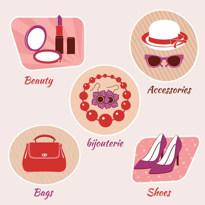 Woman fashion beauty emblems set of accessories bijouterie bags and shoes isolated vector illustration
