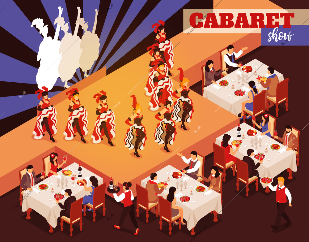 Cabaret show isometric restaurant interior with people sitting at tables and look at ballerinas dancing cancan vector illustration