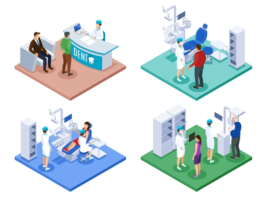 Dentist office concept 4 isometric compositions with reception desk checkup procedure advice prescription 3d scan vector illustration