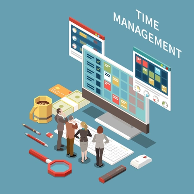 Time management concept with planning time symbols isometric vector illustration