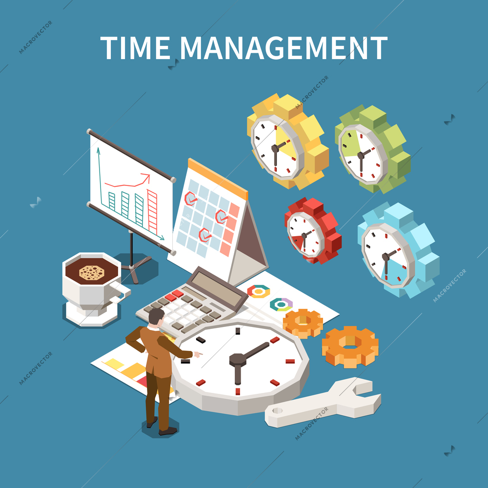 Time management schedule concept with deadline symbols isometric vector illustration