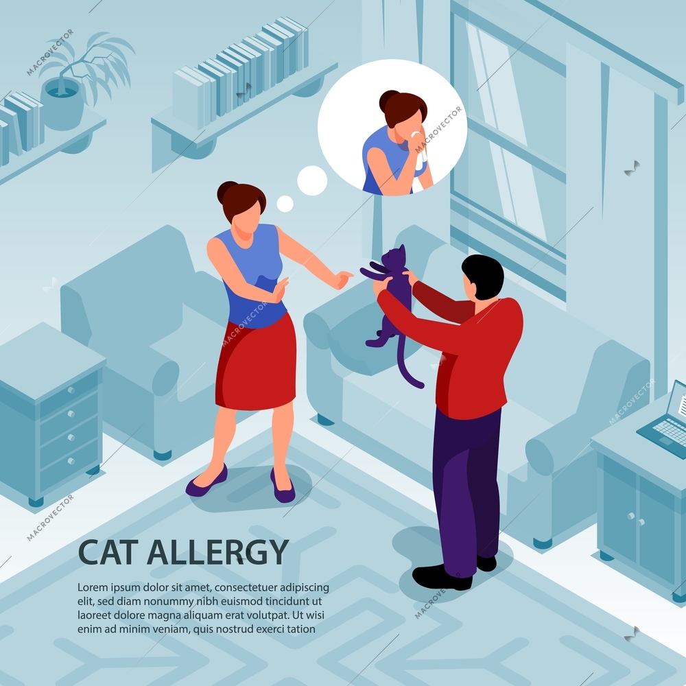 Man giving cat to woman having pet allergy 3d isometric vector illustration