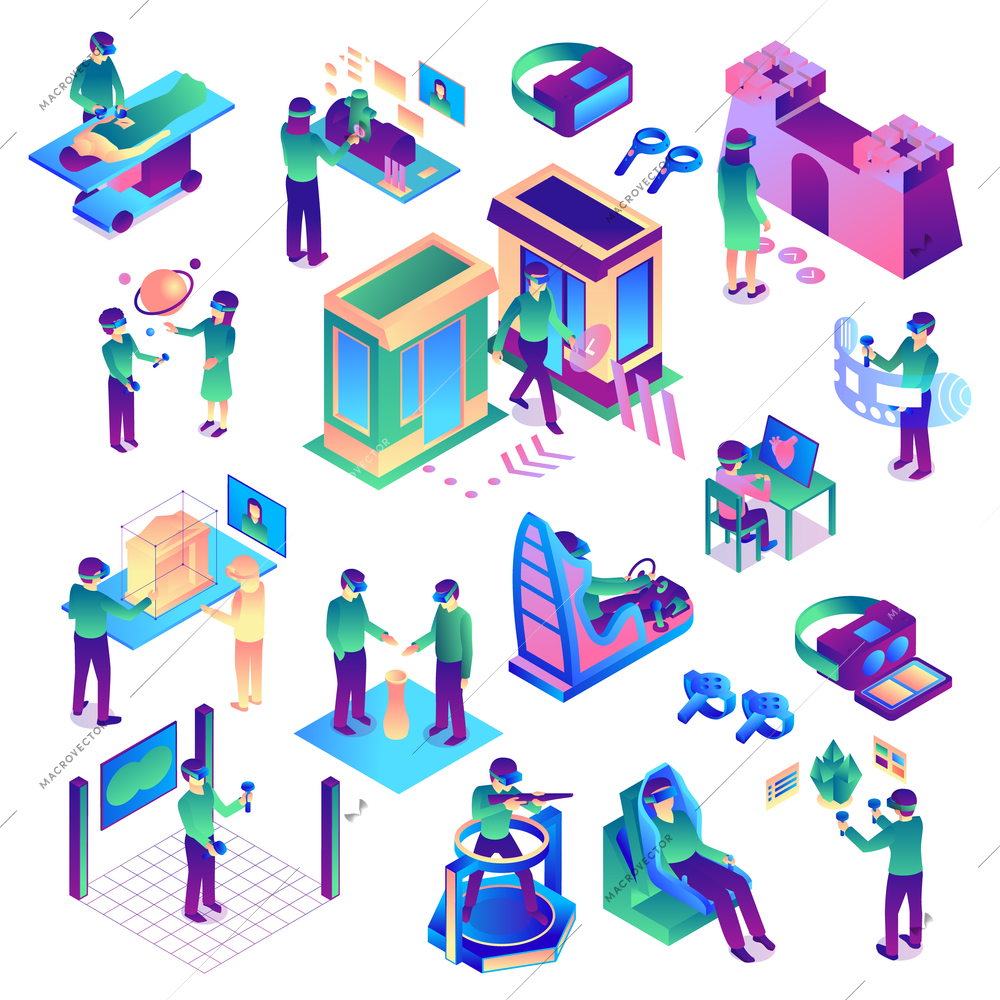 Isometric virtual reality set of colourful isolated images representing various human activities related to augmented reality vector illustration