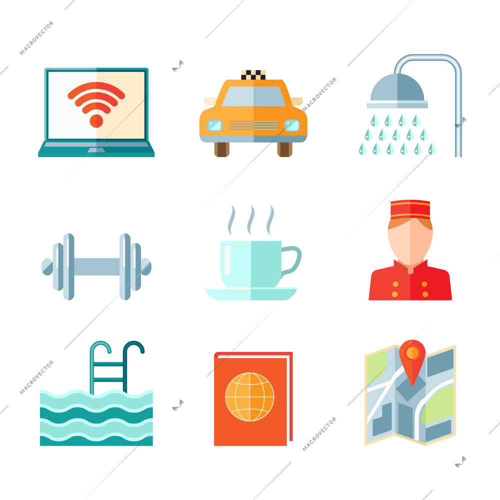 Set of hotel computer car taxi shower gym icons in flat color style vector illustration