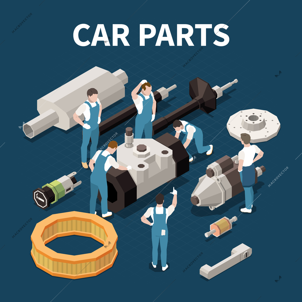 Car parts concept with service and repair symbols isometric vector illustration