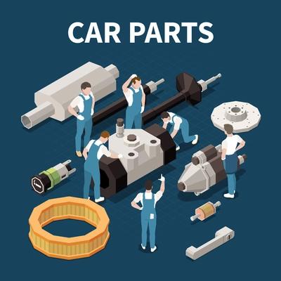 Car parts concept with service and repair symbols isometric vector illustration