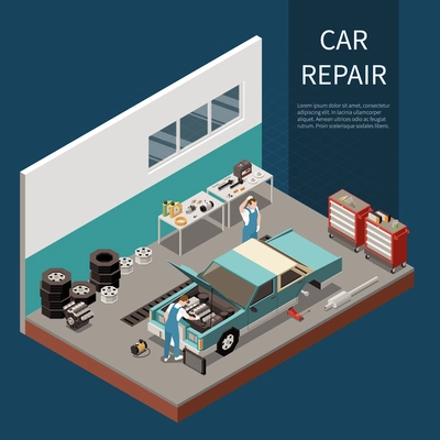 Car repair concept with engine and starter repair symbols isometric vector illustration