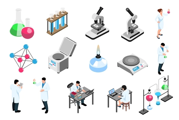 Scientists and equipment of pharmaceutic laboratory isometric icons set isolated on white background 3d vector illustration