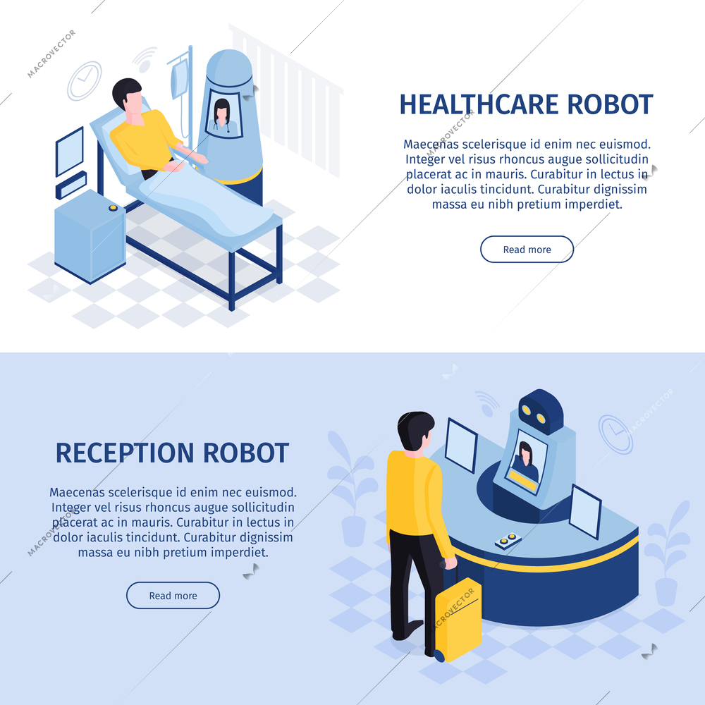 Robot automation horizontal banners set with receptionist and doctor robotic interfaces with people text and buttons vector illustration