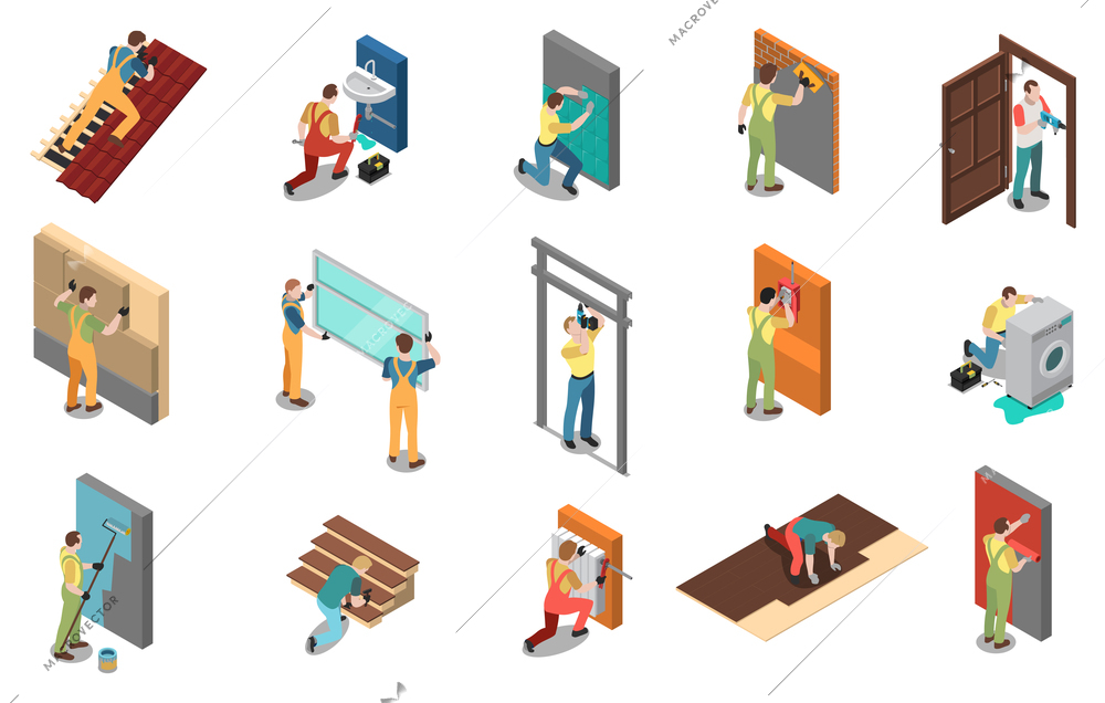 Home repair worker icons set isometric isolated vector illustration