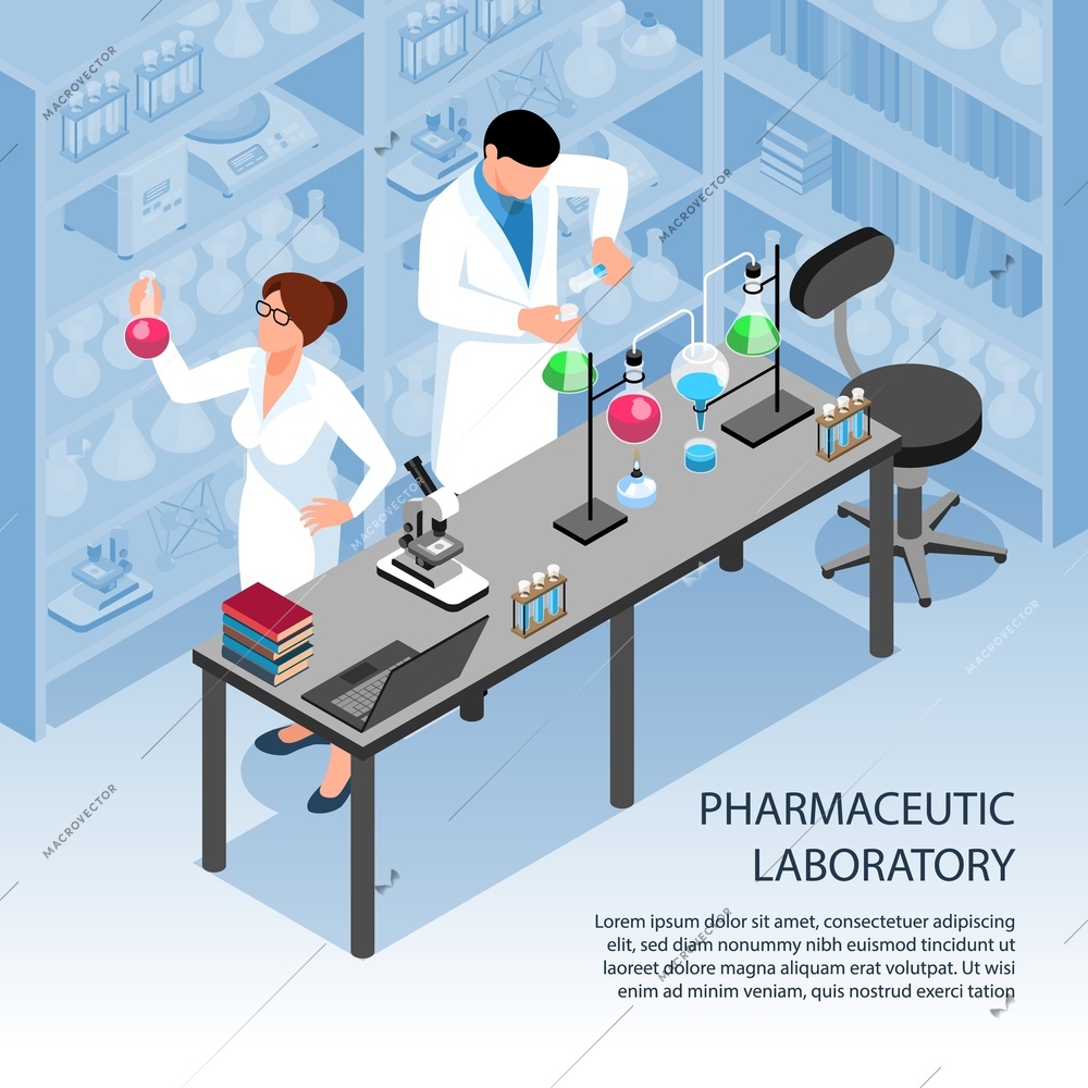 Two scientists doing research in pharmaceutic laboratory 3d isometric vector illustration