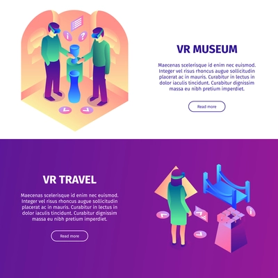 Isometric virtual reality horizontal banners set with editable text read more buttons colourful items and people vector illustration