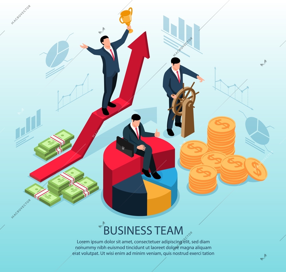 Isometric concept with business team winner with cup and man at wheel 3d vector illustration