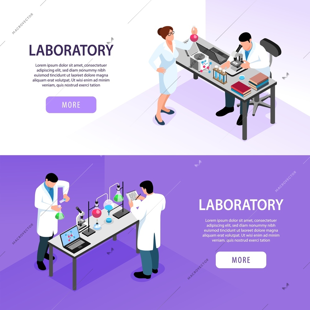 Scientists working in pharmaceutic laboratory isometric banners set on colorful background 3d isolated vector illustration