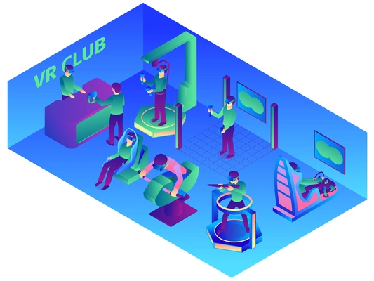 Isometric virtual reality composition with indoor view of vr computer club with wearable devices and attractions vector illustration