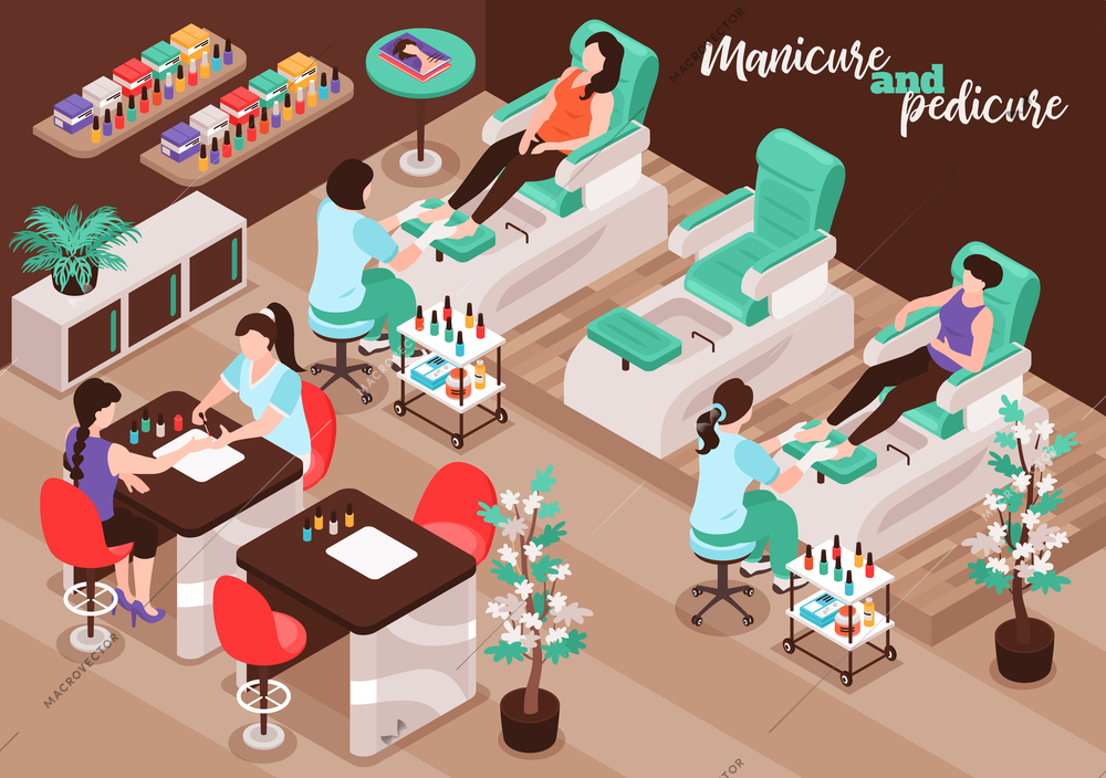 Nail salon isometric background with female characters of clients and staff doing procedure of manicure and pedicure vector illustration