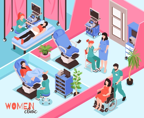 Women clinic isometric composition with doctors examining patients and conducting ultrasound checking of pregnancy vector illustration