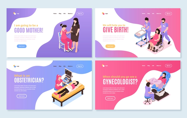 Women health four isolated horizontal banners with information about gynecology obstetrics birth motherhood isometric vector illustration