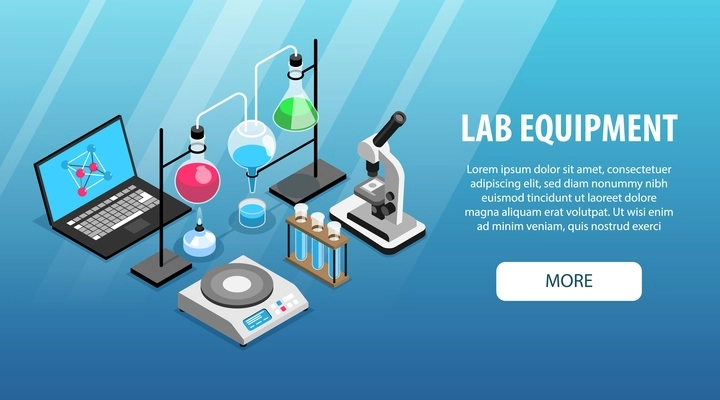 Pharmaceutic laboratory equipment isometric horizontal banner with microscope computer flasks tubes on blue background 3d vector illustration