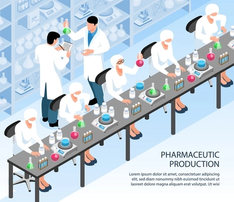 Group of scientists working on pharmaceutical production in laboratory 3d isometric vector illustration