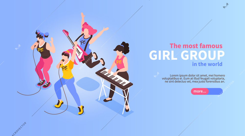 Rock pop band horizontal isometric web banner with famous musical four piece girls group performance vector illustration