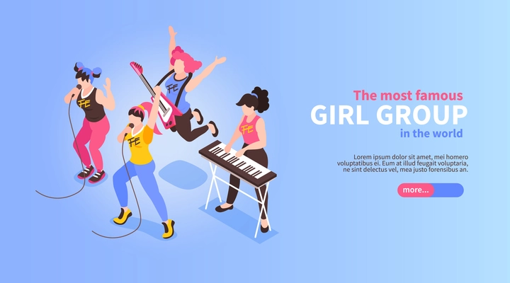 Rock pop band horizontal isometric web banner with famous musical four piece girls group performance vector illustration