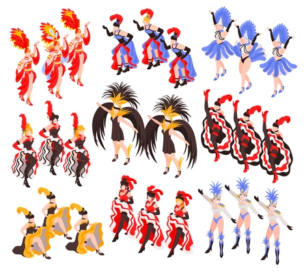 Cabaret show set of dancing women groups with colorful exotic cancan dress and feathers  isometric vector illustration