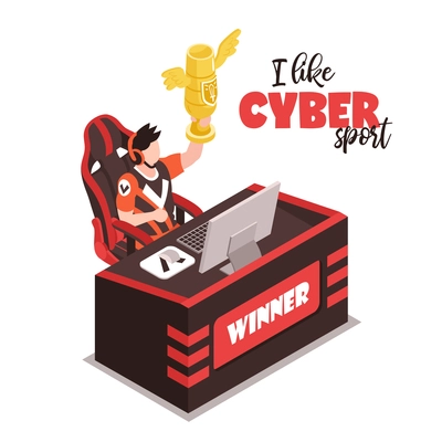 Cyber sport winner isometric composition with player behind computer holding gold trophy isolated white background vector illustration