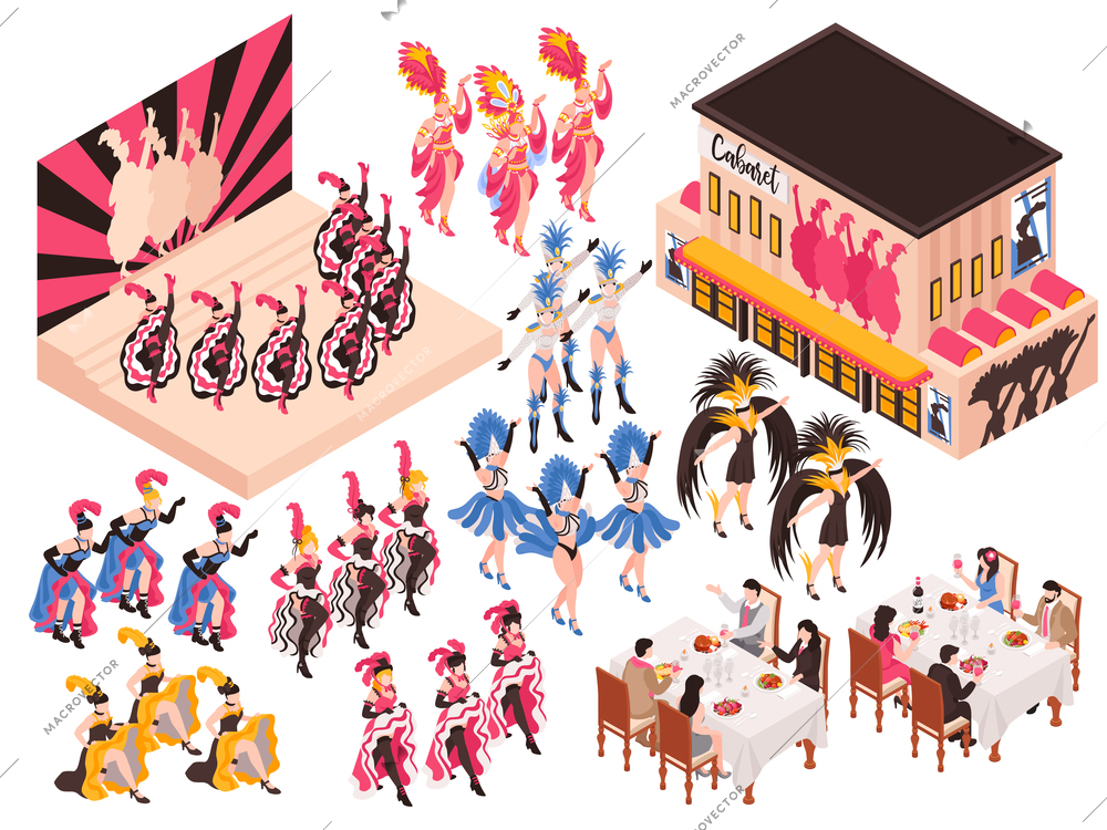 Cabaret isometric set with night restaurant building and different fragments of cancan show for adults isolated vector illustration