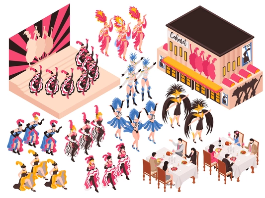 Cabaret isometric set with night restaurant building and different fragments of cancan show for adults isolated vector illustration