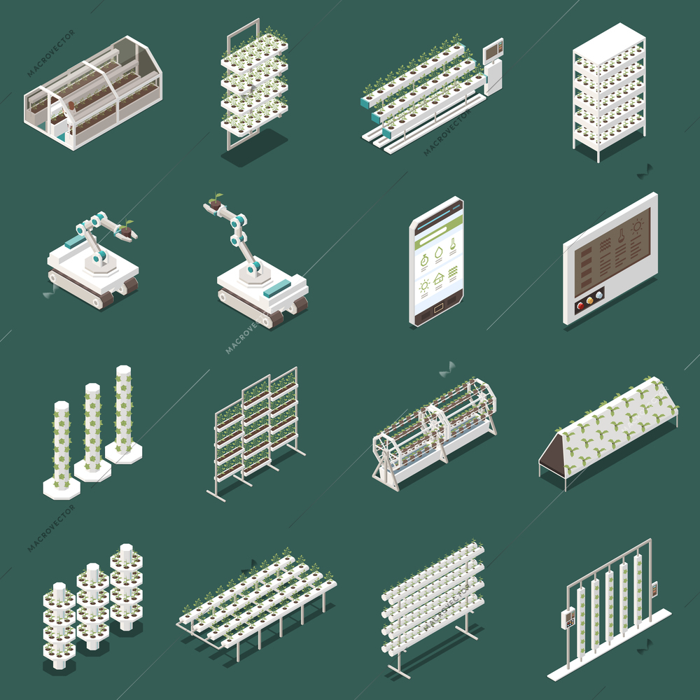 Modern greenhouse complex isometric icons set isolated vector illustration
