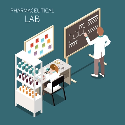 Pharmaceutical lab concept with science and medicine symbols isometric vector illustration