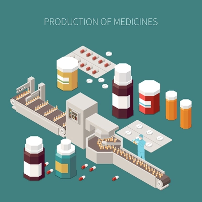 Pharmaceutical production concept with medicine and treatment symbols isometric vector illustration