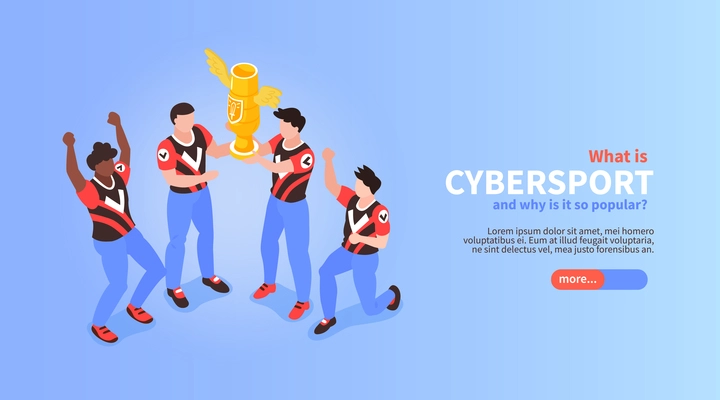 Cybersport isometric horizontal home web page banner with e sport championship winners holding prize trophy vector illustration