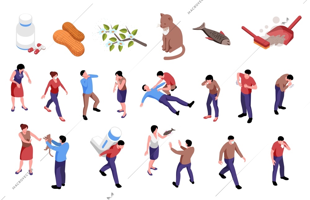 Isometric horizontal set of icons with different allergens and people having allergy symptoms 3d isolated on white background vector illustration