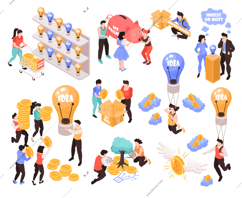 Crowdfunding isometric icons elements set with best ideas for investing money projects startups profit symbols vector illustration
