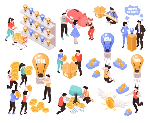 Crowdfunding isometric icons elements set with best ideas for investing money projects startups profit symbols vector illustration