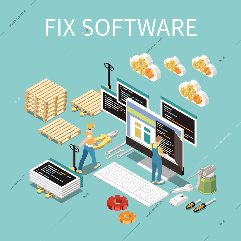 Software development concept with fix and support symbols isometric vector illustration