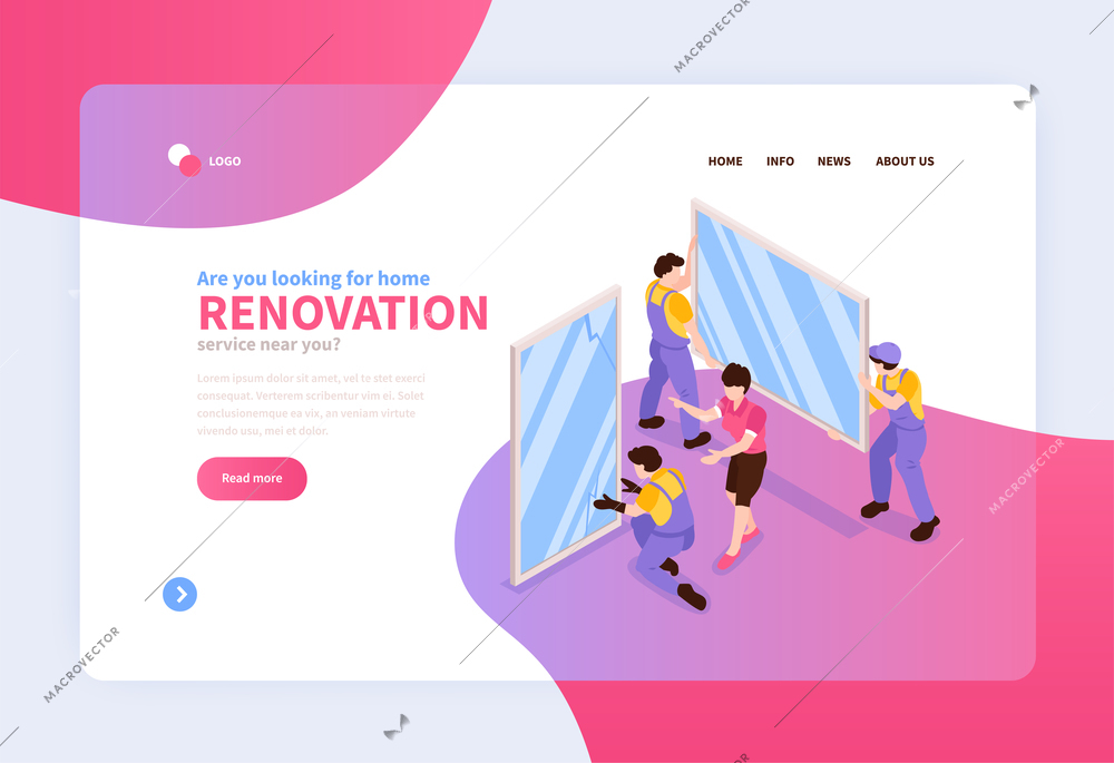 Home renovation remodeling service online concept isometric web banner with professional window frames replacement installation vector illustration