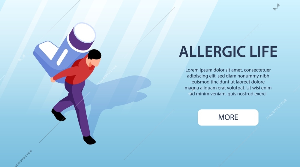 Horizontal isometric banner with man having allergy holding asthma medicine 3d vector illustration