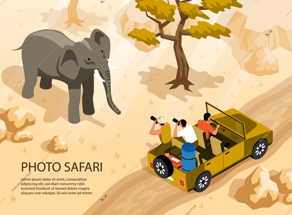 People in safari car taking photo of elephant 3d isometric vector illustration