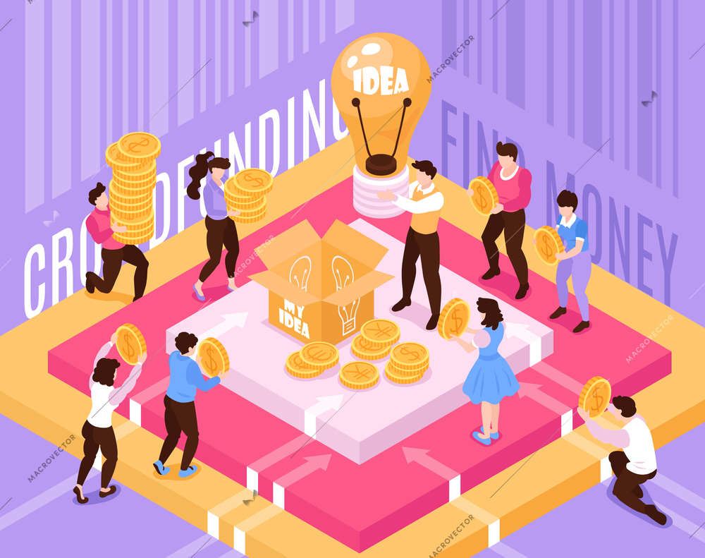 Crowdfunding isometric composition with investors bringing money to man on podium holding light bulb idea symbol vector illustration