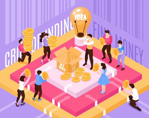 Crowdfunding isometric composition with investors bringing money to man on podium holding light bulb idea symbol vector illustration