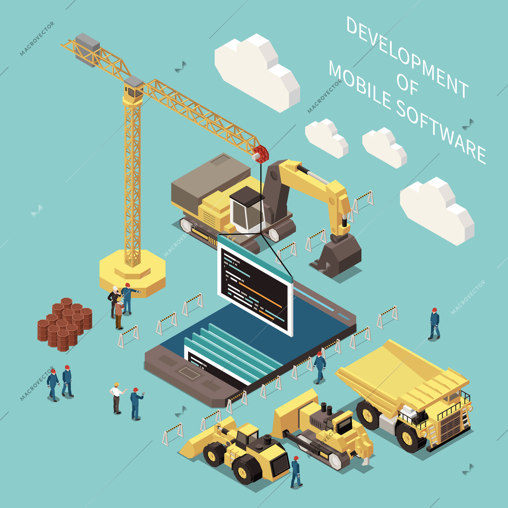 Programming development concept with cloud technology symbols isometric vector illustration