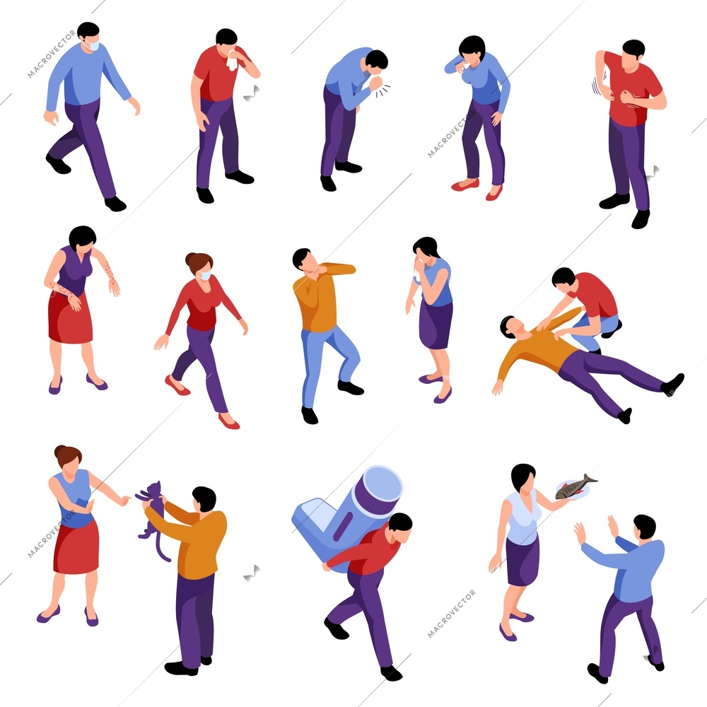 Isometric icons set with men and women suffering from allergy isolated on white background 3d vector illustration