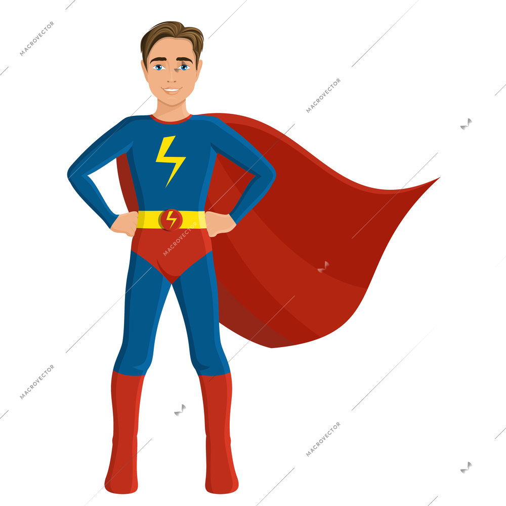 Boy in superhero costume full length portrait isolated on white background vector illustration.