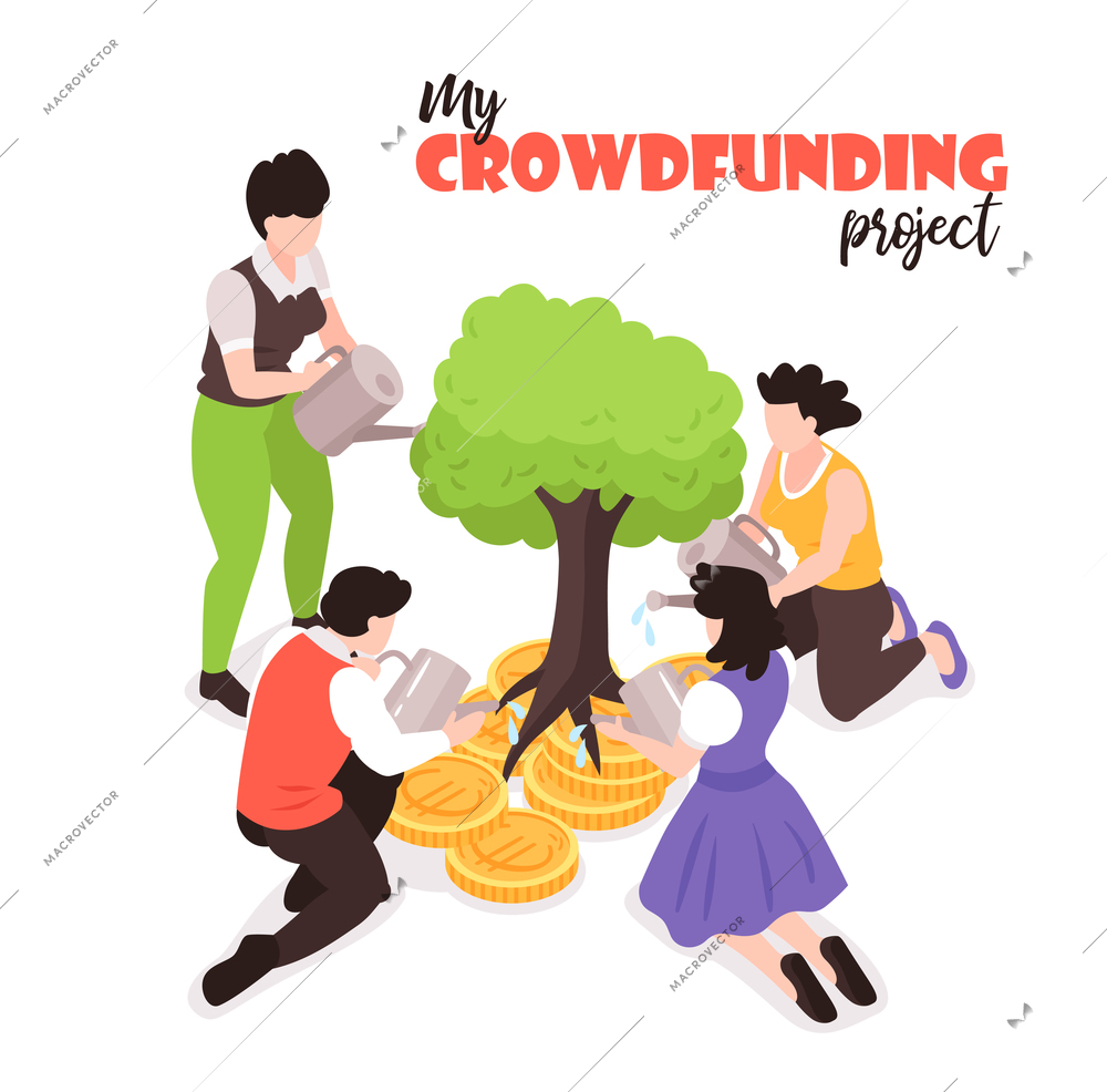 My crowdfunding project isometric symbolic composition with investors pouring water on tree rooted in coins vector illustration