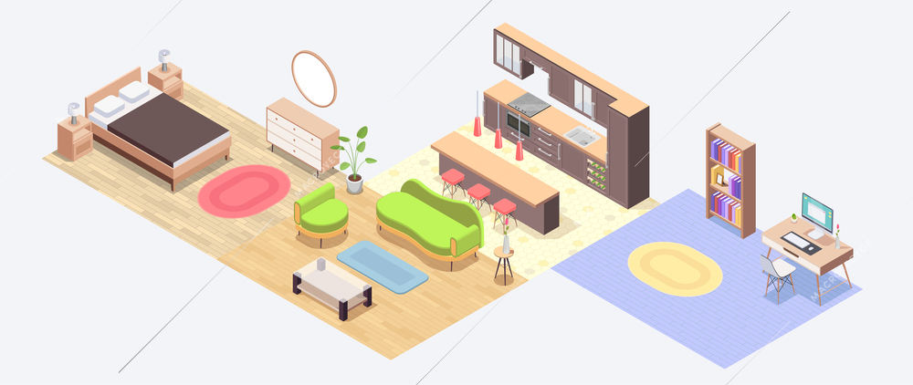 Furniture isometric colored icon set with four rooms apartment without wools with interior and furniture vector illustration