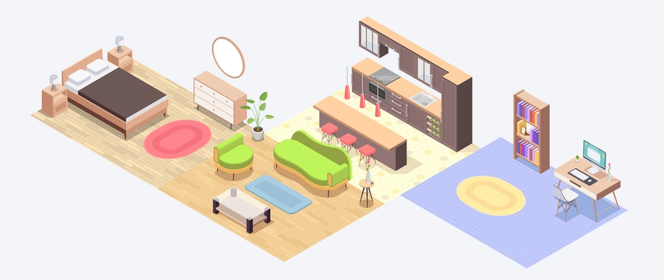 Furniture isometric colored icon set with four rooms apartment without wools with interior and furniture vector illustration