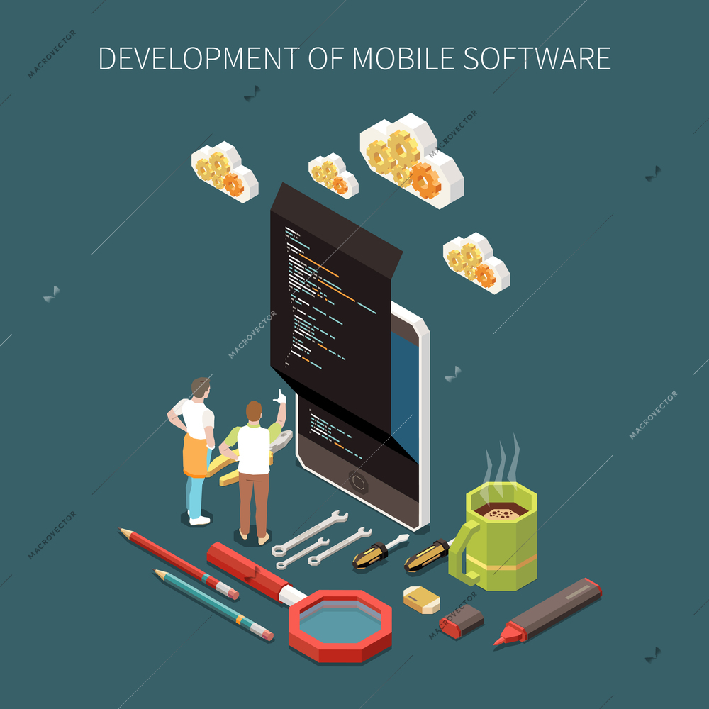 Programming development concept with mobile software symbols isometric vector illustration